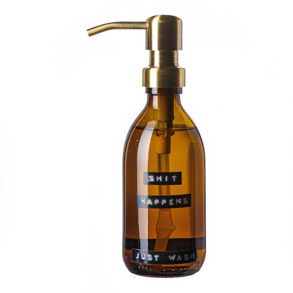 Wellmark handzeep bamboe bruin glas messing pomp 250ml 'shit happens just wash'.