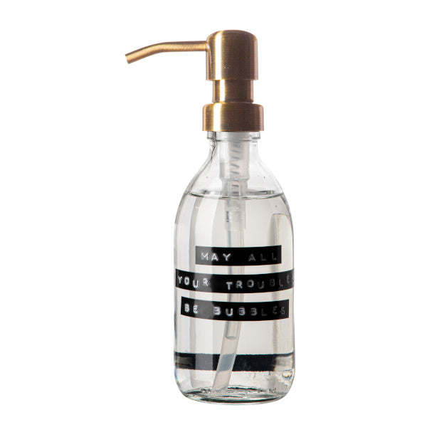 Wellmark handzeep frisse linnen helder glas messing pomp 250ml 'may all your troubles be bubbles'.