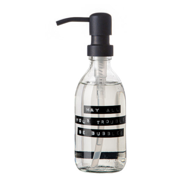 Wellmark handzeep frisse linnen helder glas zwarte pomp 250ml 'may all your troubles be bubbles'.