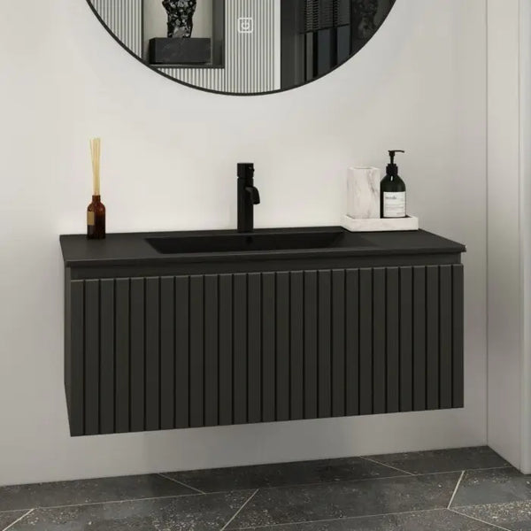 Fontana Lento zwart badkamermeubel ribbelfront witte wastafel 100cm 1 kraangat